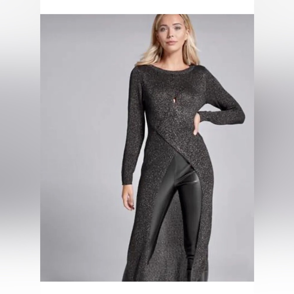 NEW Venus Women's Black Shimmer Cross Front Maxi Cutout Sweater